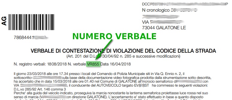 Immagine che descrive come recuperare il numero verbale