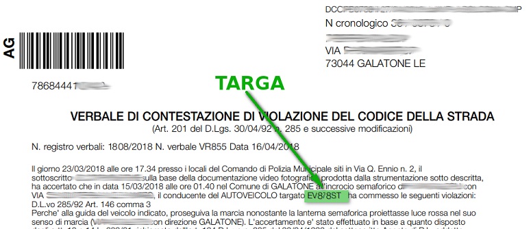 Immagine che descrive come recuperare la targa